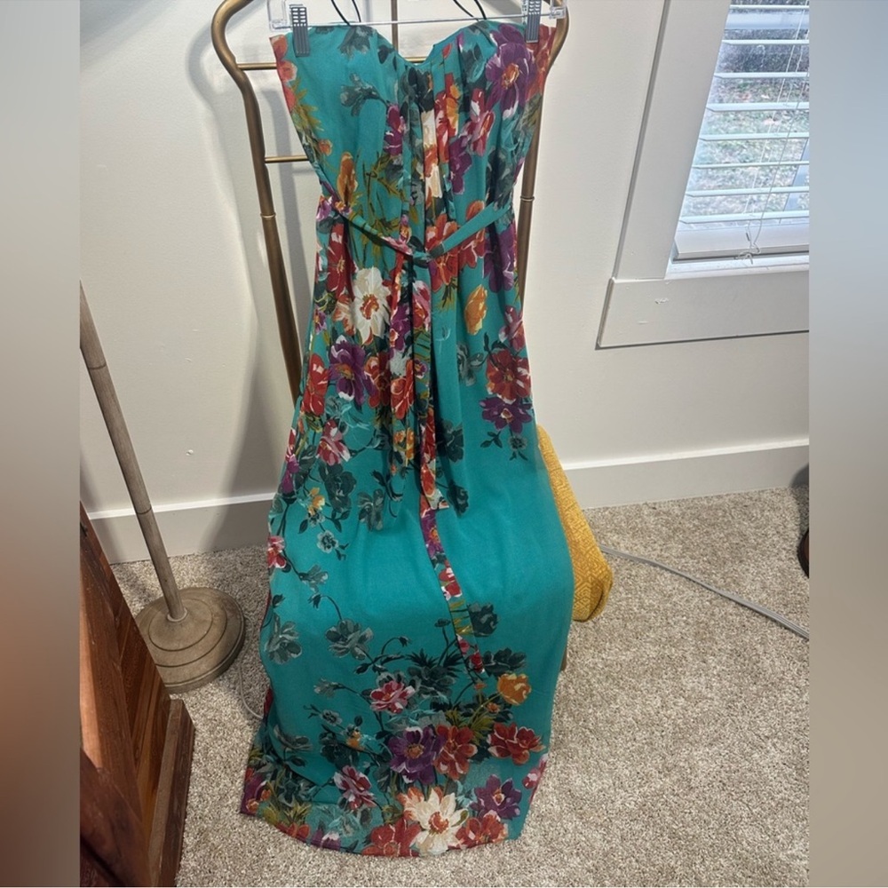 Lavender Brown Strapless Teal Floral Maxi Dress XS Boho Flowy NWT - Picture 9 of 9